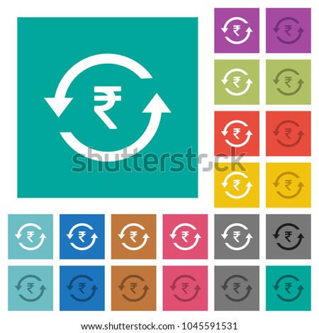 Rupee pay back multi colored flat icons on plain square backgrounds. Included white and darker icon variations for hover or active effects.