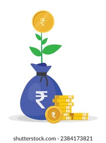 Rupee plant growth in money bag, investment, mutual fund concept vector illustration