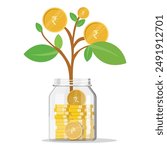 Rupee plant growth in money jar, investment, mutual fund concept vector illustration