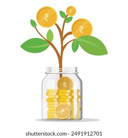 Rupee plant growth in money jar, investment, mutual fund concept vector illustration