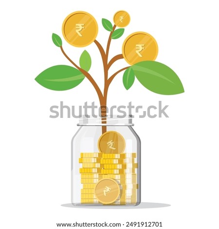 Rupee plant growth in money jar, investment, mutual fund concept vector illustration