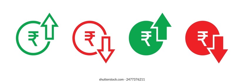 Rupee price increasing and decreasing icon set in green and red color. Currency rising and falling symbol set. Rupee coin with up and down arrow with outline and fill isolated on white background.