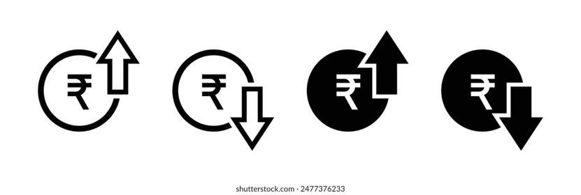 Rupee price increasing and decreasing icon set in black and white color. Currency rising and falling symbol set. Rupee coin with up and down arrow with outline and fill isolated on white background.