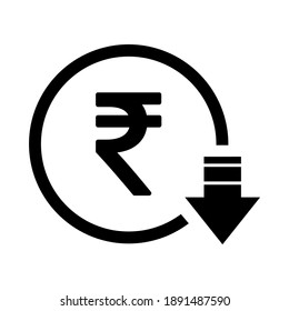 Rupee Reduction Symbol, Cost Decrease Icon. Reduce Debt Bussiness Sign Vector Illustration