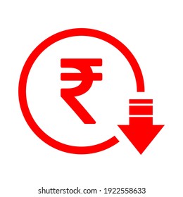 Rupee Reduction Symbol, Cost Decrease Icon. Reduce Debt Bussiness Sign Vector Illustration .