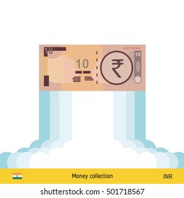 Rupee rising as a rocket. Increase of rupee on international financial markets. Indian rupee banknote. 