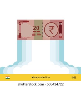 Rupee rising as a rocket. Increase of rupee on international financial markets. Indian rupee banknote. 