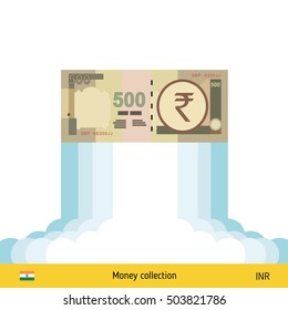 Rupee rising as a rocket. Increase of rupee on international financial markets. Indian rupee banknote. 