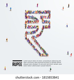 Rupee Sign. Large group of people form to create Indian rupee sign. Vector illustration. Currency of India.