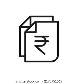 Rupee sign on paper. Financial statement, money document, banknote line icon isolated on white background. Vector illustration