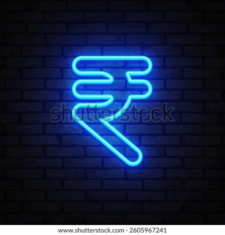 Rupee sign rendered in vivid blue neon lines with futuristic flair. The currency mark glows on a dark backdrop with a techy feel.
