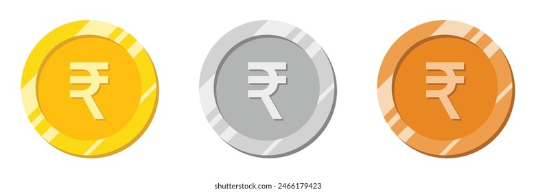 Rupees coin in golden color. Indian currency with shiny effect vector illustration in gold, silver and bronze color. Rupee coin vector.