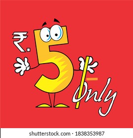 Rupees Five only, indian rupees symbol, rs. 5 price tag vector illustration,