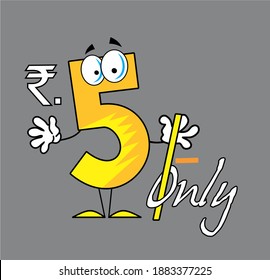 Rupees Five only, indian rupees symbol cartoon, rs. 5 price tag vector illustration,