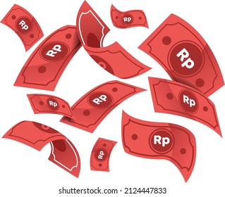 Rupiah Paper. Money Indonesia Fly Financial Vector Background. Money Raining, Flying Red Banknotes On A White Background. . Indonesian Banking Currency Is Rupiah. Illustration Of Falling Prize Money. 