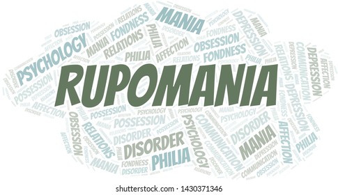 Rupomania word cloud. Type of mania, made with text only.