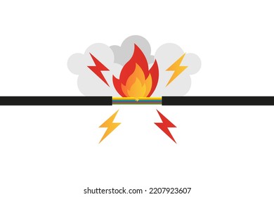 Ein Riss eines elektrischen Kabels, von dem aus ein Feuer und Rauch auf weißem Hintergrund. Vektorgrafik