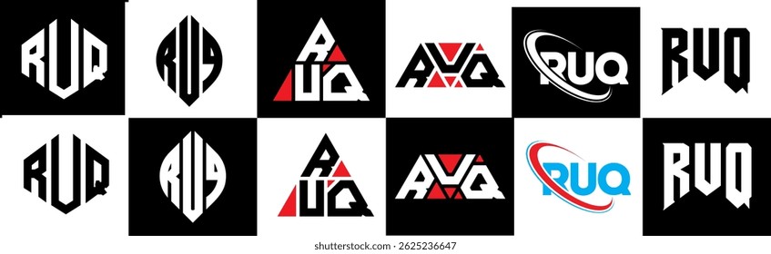 RUQ letter logo design in six style. RUQ polygon, circle, triangle, hexagon, flat and simple style with black and white color variation letter logo set in one artboard. RUQ minimalist and classic logo