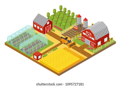 Rural 3d farm isometric template with garden, field farmer house and greenhouse game or app vector illustration.
