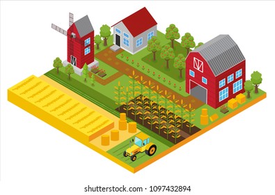 Rural 3d farm isometric template with mill, garden, trees, agricultural vehicles, farmer house and greenhouse game or app vector illustration.