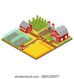 Rural 3D farm isometric template featuring a garden, crop fields, farmer house, and greenhouse perfect for farming games and mobile app illustrations