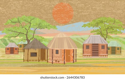 Landelijke Afrikaanse scène met traditionele hutten, acaciabomen. Vintage grungy achtergrond met Afrika landschap bij zonsondergang
