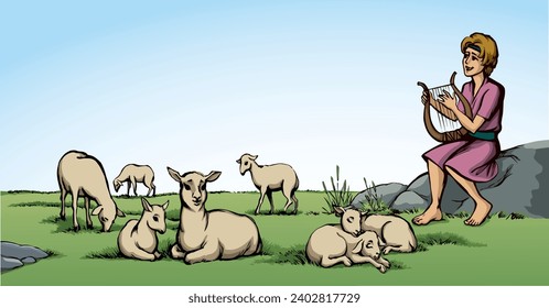 Rural age young male kid guy worker sit arm learn pray chord lira lute tune note goat pet flock grass hill land. Dress cloth holy jew human servant work Lord God story old retro east drawn sketch art