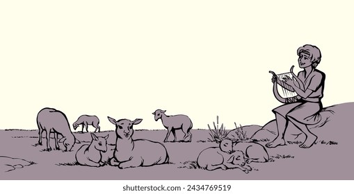Rural age young male kid guy worker sit arm learn pray chord lira lute tune note goat pet flock grass hill land. Dress cloth holy jew human servant work Lord God story old retro east drawn sketch art