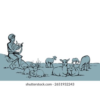 Idade rural jovem rapaz rapaz rapaz homem trabalhador sentar braço aprender rezar acorde lira alaúde nota animal de estimação rebanho grama montanha terra. Vestido pano santo judeu servo humano trabalho Senhor Deus história velho retro leste desenhado esboço arte