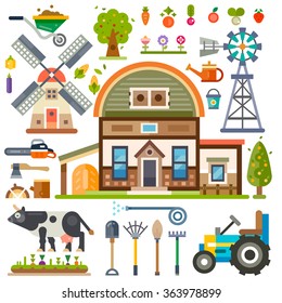 Rural agricultural isolated pictures set: farm house, tools, tractor, windmill, plants, vegetables, broom, shovel, axe, firewood, chainsaw, cow, farm animals. Flat vector stock illustration. 