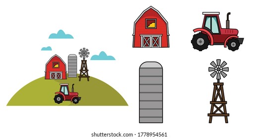  Rural Agriculture Wheat Field Farm with tractor. Nature Scene Landscape Illustration