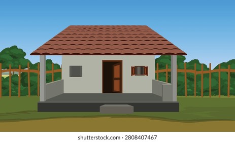 Rural architectural illustration showcasing a centrally framed white house with a prominent red tiled veranda roof sitting behind a brown wooden picket fence in an Indian village.
