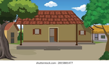 Rural architectural illustration showcasing a single-story clay house with a reddish-brown tiled veranda roof centered between two large framing trees in an Indian village.