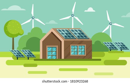 Rural Area Or Countryside View with House Illustration, Solar Panels and Windmills on Green Nature Background.