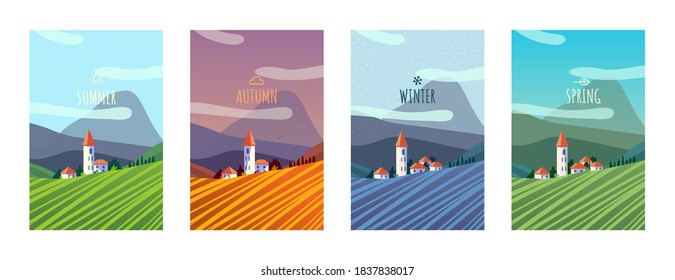 Rural area landscape flat style vector illustration. Autumn, winter, spring, summer seasons scenery. Scenic countryside views. Banner, poster, invitation, greeting card vertical templates collection.