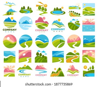 Rural area landscapes and views of nature. Paths and roads, sunshine and summer or spring season. Meadows and hills with green grass, trees and rivers, mountains ranges. Vector in flat style