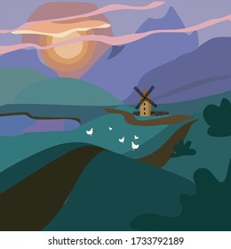 A rural area with an old mill, chickens grazing in a meadow, a dirt road and the setting sun.The farm is in a rural location.The concept of an organic livestock farm.Vector illustration