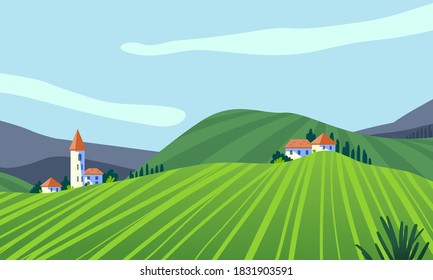 Rural area spring, summer landscape panorama flat vector illustration. Scenic countryside grassland panoramic view. Green pasture field scenery. Banner, poster, invitation templates collection.