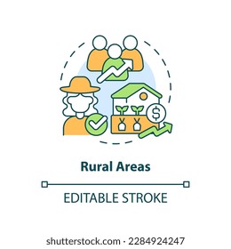 Rural areas concept icon. Jobs, growth and equality. Agriculture policy objective abstract idea thin line illustration. Isolated outline drawing. Editable stroke. Arial, Myriad Pro-Bold fonts used