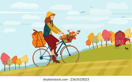 En las zonas rurales, una mujer en bicicleta lleva una cosecha otoñal: plantas y verduras. Ilustración vectorial.