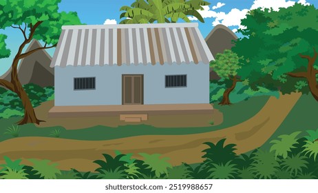 Rural Asian Village house beside a mud road surrounded by a hill,bushes trees and banana trees.Indian village house compound vector illustration