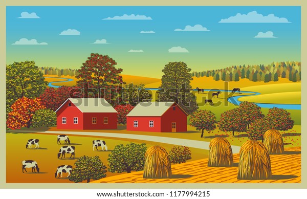 田園 野原 木を背景に田園の秋の風景 手作りの描画ベクターイラスト フラットデザイン のベクター画像素材 ロイヤリティフリー 田園 野原 木を背景に田園の秋の風景 手作りの描画ベクターイラスト フラットデザイン のベクター画像素材 ロイヤリティフリー