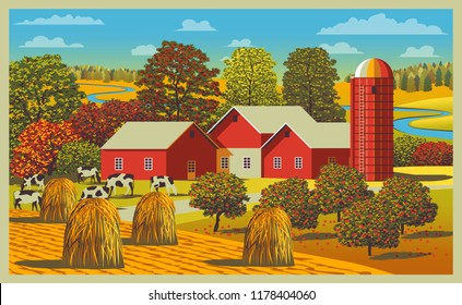 Rural autumn landscape with farm, grazing cows, meadows, fields, trees, river and forests in the background. Handmade drawing vector illustration. Flat design.