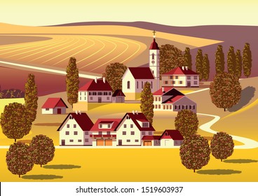 Rural autumn landscape with farms, fields and trees in the background. Handmade drawing vector illustration. Flat design.