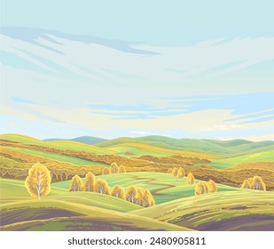 Rural autumn landscape, with a hills and with forest and trees painted in autumn colors. Vector illustration.