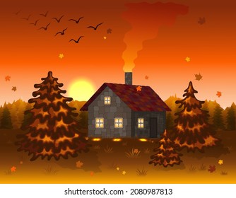 Rural autumn landscape with a house in a meadow, maple leaves and migratory birds against the backdrop of an evening sunset