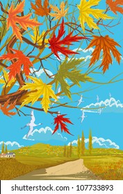 Rural autumn landscape with maple leaves and footpath between fields