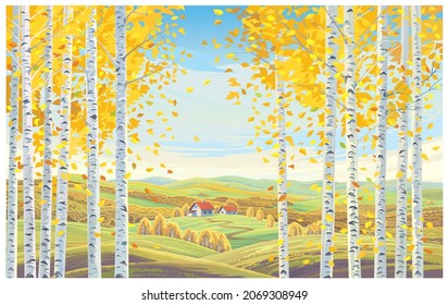 Rural autumn landscape, with two houses on a hill, and trees with fly leaves in the foreground.