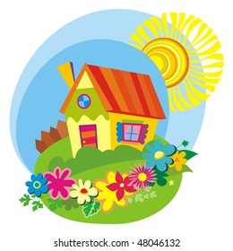 Rural background with cute little house. Vector illustration.