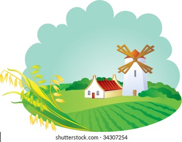 Rural background with windwill and ears